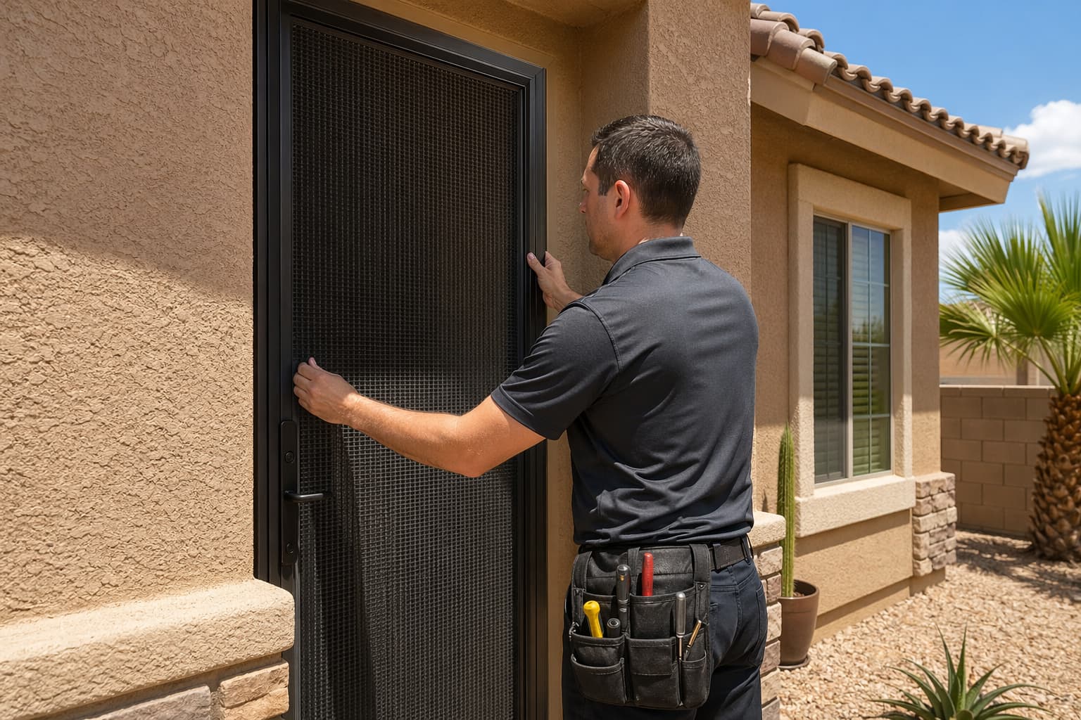 ASAP Security technician installing security screen door on Las Vegas home