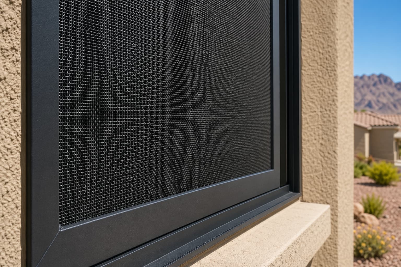 Close-up of stainless steel mesh security screen on Las Vegas home window